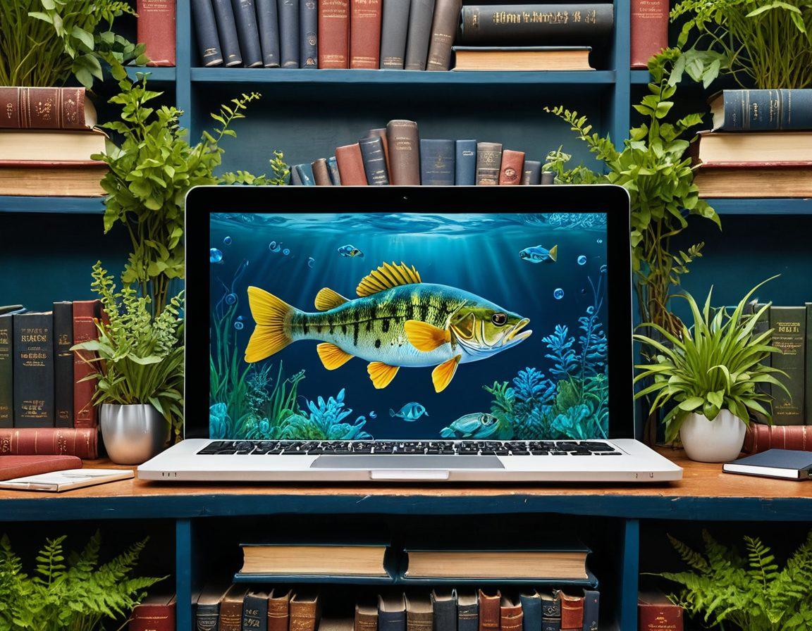 A vibrant collage of books and digital devices, symbolizing knowledge and learning, intertwined with elements of technology like gears and circuits. Include bassoro-related imagery, such as bass fishing or aquatic life, to capture the essence of engaging articles. The color palette should be bright and inviting, with blues and greens to represent water. Style: super-realistic. vibrant colors.