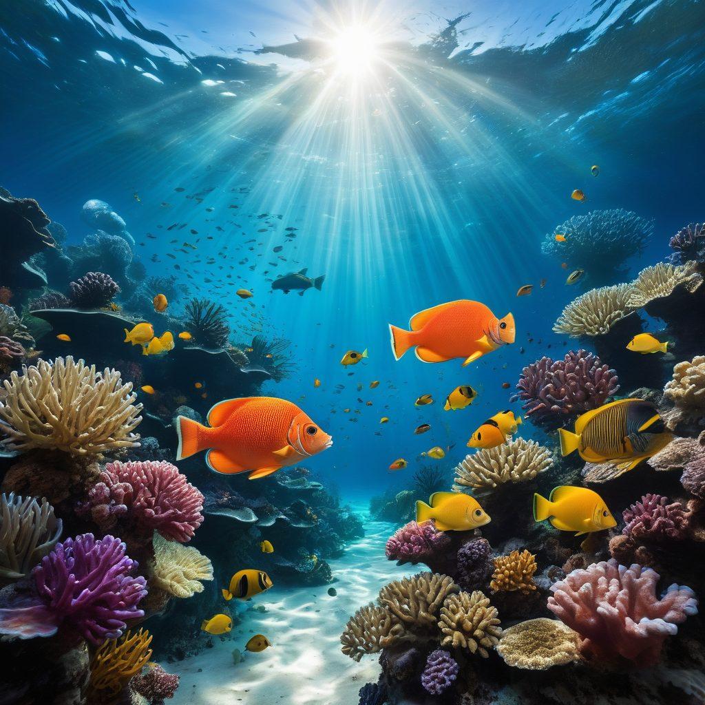 A vibrant underwater scene depicting a colorful coral reef, with a school of bass fish swimming gracefully through the crystal-clear waters. In the background, an expert diver holding a camera captures the moment, framed by tropical fish and sea plants that symbolize news and insights. Bright sunlight filters down, illuminating the scene, creating a captivating atmosphere for exploration. super-realistic. vibrant colors. white background.